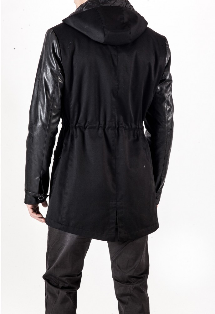Parka with leather sleeves
